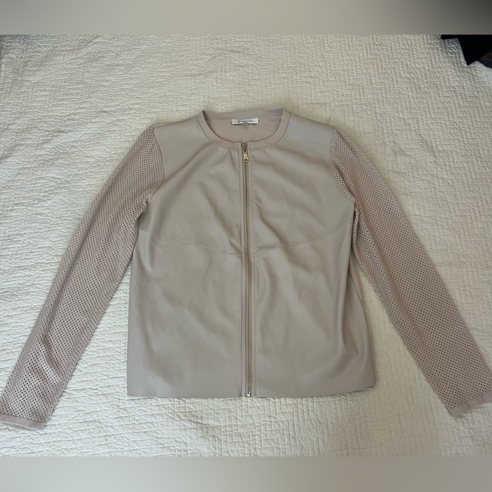 Sioni Milano Beige Tan Women’s L Faux Leather & Mesh Detail Long Sleeve Zip Up